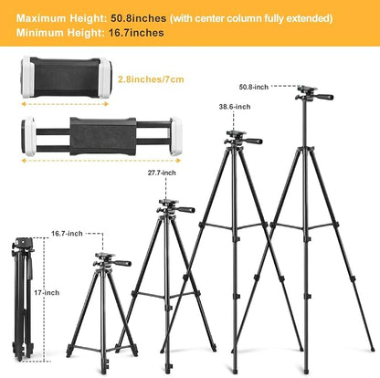 Phone Tripod, 50” Extendable Adjustable Smartphone & Tablet Tripod Stand with Mount & Remote, Compatible with Tablet/Cell Phone/Camera (Black)