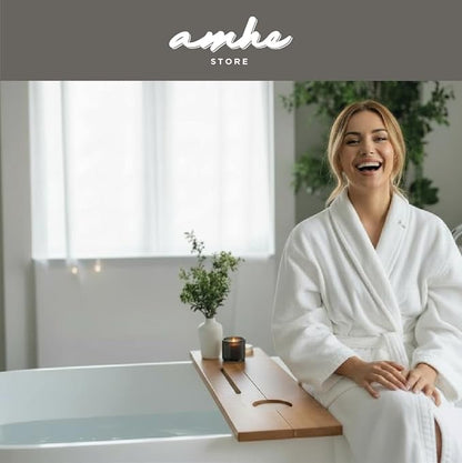 Amhe Store! Luxury Rustic Acacia Wood. Durable, Water-Resistant, Minimalistic, Adjustable 35x9 Inches. Lovely Gift - Box. Bath Tub Tray Wood - Bath Tray for Tub. Unique Natural Grain for Relaxation