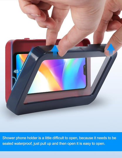 KUNSLUCK Shower Phone Holder, Waterproof Anti-Fog Touch Screen Case, Wall Mount for Bathroom Mirror & Bathtub, Compatible with 4.7"-6.8" Mobile Phones (Blue & Red)