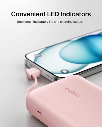 Belkin Portable Charger Power Bank USB C, 10000 mAh w/Integrated Cable, 20W Fast Charge USB-C Power Delivery, iPhone Charger, Apple iPhone 17, Air, Pro, Pro Max, iPad, Samsung Galaxy S25 - Pink