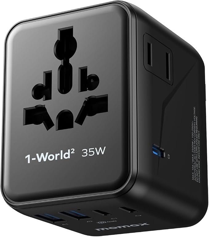 MOMAX Universal Travel Adapter 7-in-1, All-in-one European Travel Plug Adapter with 3 USB-C PD & 2 USB-A QC & 2AC, International Power Adapter Outlet for Travel UK/EU/AUS/JP, Travel Essentials(Black)