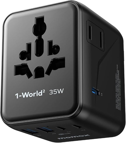 MOMAX Universal Travel Adapter 7-in-1, All-in-one European Travel Plug Adapter with 3 USB-C PD & 2 USB-A QC & 2AC, International Power Adapter Outlet for Travel UK/EU/AUS/JP, Travel Essentials(Black)