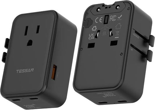 TESSAN 20W International Power Adapter, Black | Ultra Slim, 2 USB-C 1 USB-A, US to European UK Spain England New Zealand, Type C G A I