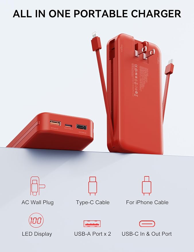 Nusyddy Portable Charger 20000mAh PD20W w/Built-in Cables & Wall Plug Red | PD20W Fast Charging, High Capacity, LED Display, Charge 5 Devices at once, TSA Approved, Compatible with iPhone/iPad/Samsung