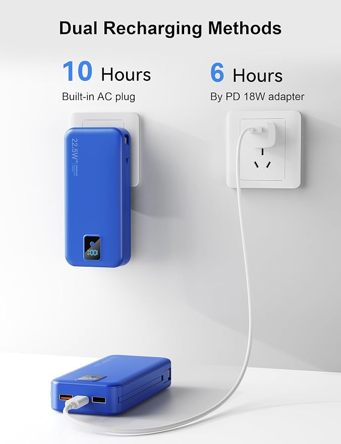 Portable Charger, 20000mAh 22.5W Fast Charging Power Bank with Built-in Cables & Wall Plug, Travel Essentials Battery Pack with LED Display, USB C External Battery Bank for iPhone iPad, Samsung Navy