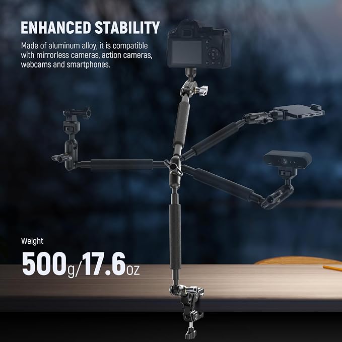 NEEWER Magic Arm Camera Mount, Overhead Desk Phone Mic Stand Holder, 22" Articulating Boom Arm C Clamp 1/4" 3/8" Threads for ARRI for Microphone Webcam Action Camera Video Light, Cleaning Cloth, UA057
