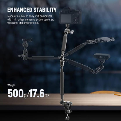 NEEWER Magic Arm Camera Mount, Overhead Desk Phone Mic Stand Holder, 22" Articulating Boom Arm C Clamp 1/4" 3/8" Threads for ARRI for Microphone Webcam Action Camera Video Light, Cleaning Cloth, UA057