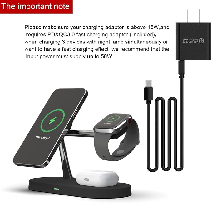 5 in 1 Magnetic Wireless Charging Stand, 15W Fast Mag-Safe Charging Station ，Design for iPhone 15/14/13/12 Series, iWatch 7/SE/6/5/4/3/2, Airpods 3/2/Pro
