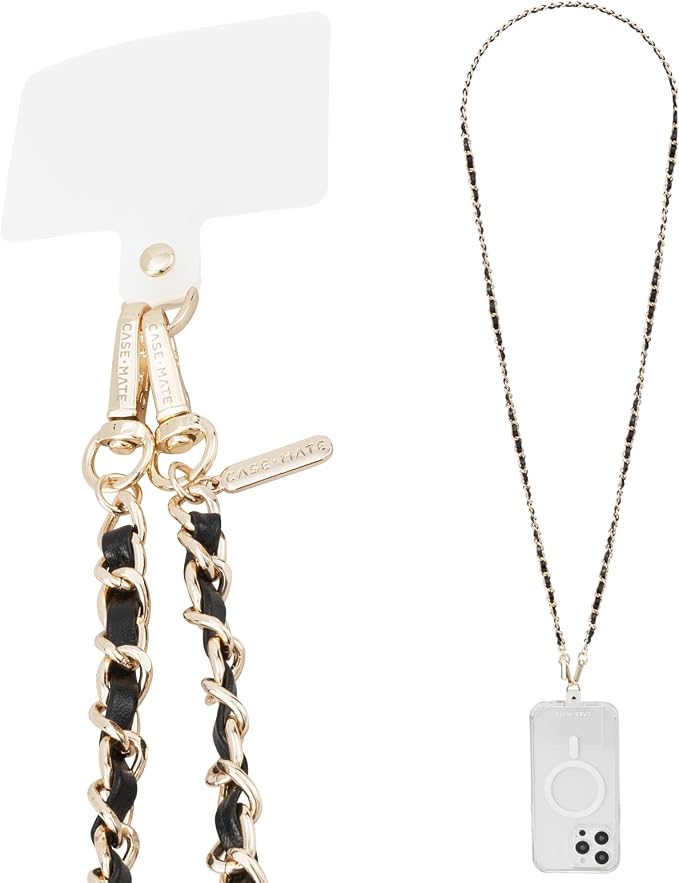 Case-Mate Crossbody Phone Lanyard [Works with All Phones] Hands-Free Strap - Leather Cell Phone Charm - Neck Chain Holder for iPhone 17 Pro Max/16 Pro Max/15/14/13/S26 Ultra - Gold Chain Black Leather