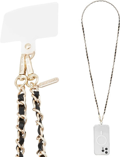 Case-Mate Crossbody Phone Lanyard [Works with All Phones] Hands-Free Strap - Leather Cell Phone Charm - Neck Chain Holder for iPhone 17 Pro Max/16 Pro Max/15/14/13/S26 Ultra - Gold Chain Black Leather