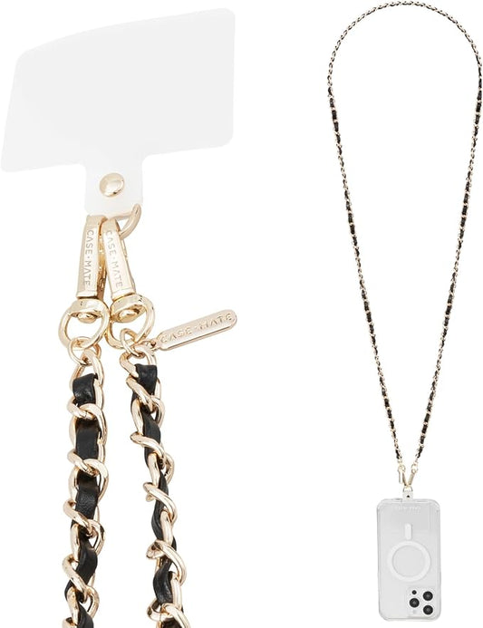 Case-Mate Crossbody Phone Lanyard [Works with All Phones] Hands-Free Strap - Leather Cell Phone Charm - Neck Chain Holder for iPhone 17 Pro Max/16 Pro Max/15/14/13/S26 Ultra - Gold Chain Black Leather