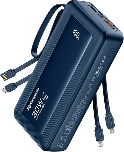 Portable Charger 27000mAh 30W Fast Charging Power Bank | Built-in Cables, LED Display, 6 Outputs & 2 Inputs, USB C Battery Pack, Compatible with iPhone, Samsung, Google