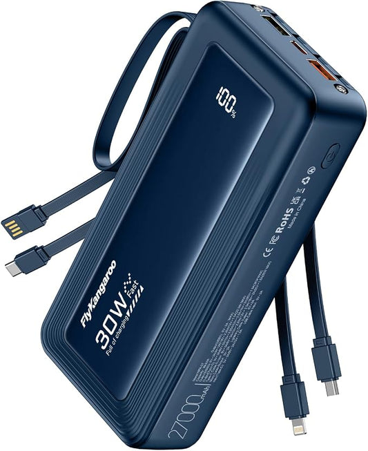 Portable Charger 27000mAh 30W Fast Charging Power Bank | Built-in Cables, LED Display, 6 Outputs & 2 Inputs, USB C Battery Pack, Compatible with iPhone, Samsung, Google