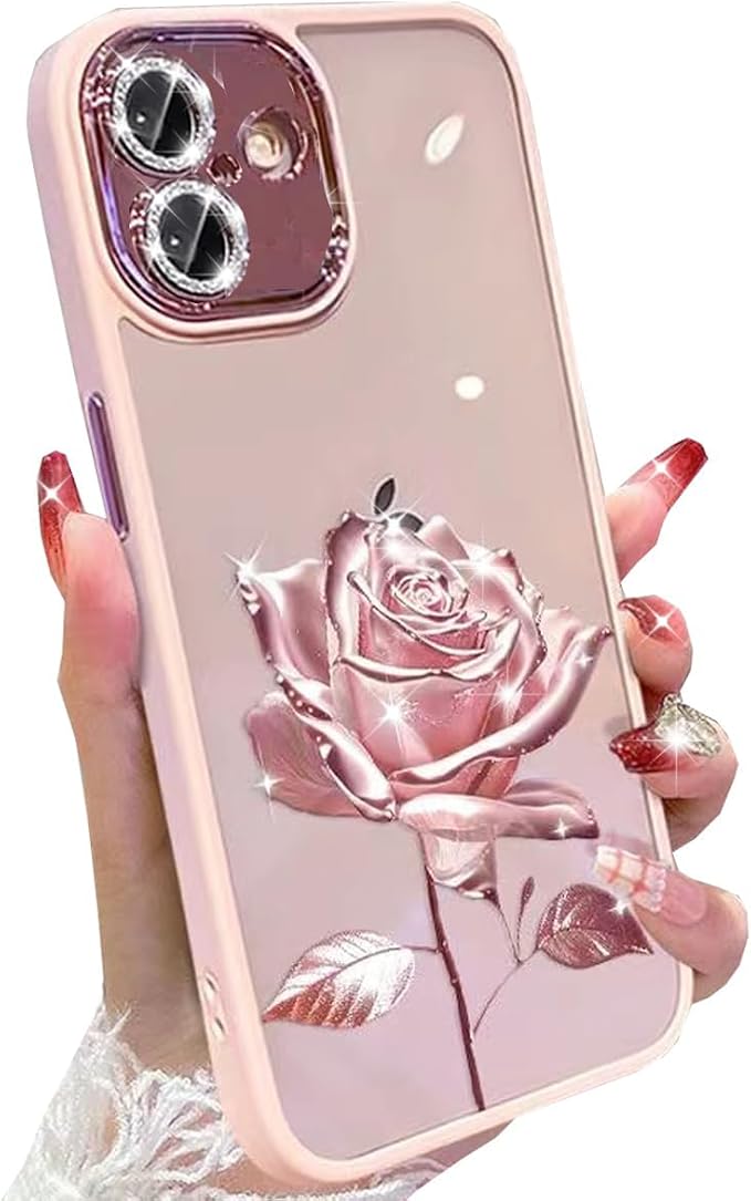 for iPhone 17 Fairy Rose Clear Case, Cute Flower Floral with Glitter Bling Sparkly Camera Lens Protector Soft TPU Bumper Shockproof Women Girls Slim Protective Case for iPhone 17 6.3", Pink