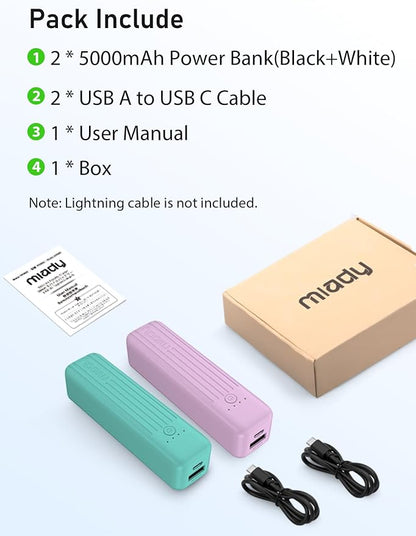 Miady 2-Pack Small Portable Charger 5000mAh Power Bank Travel Battery Pack | Dual USB丨Pocket Size丨Lightweight丨for Backpack丨Compatible with iPhone Android丨18.5Wh丨Flight-Safe丨Ultra-Compact丨Green+Purple