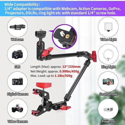 22" Magic Arm Camera Mount, Articulating Arm Tripod Clamp w Thread Adapter, Friction Camera Boom Arm, Overhead Desk Mount Clamp Stand for Phone, Webcam, Mic, Video Rig, Tripod Light