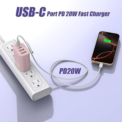 USB Fast Charging Block, 4-Port 40W Charge Adapter Pink iPhone Apple USB C | Multiport Type C Fast Charger Plug for iPhone 17/17 Air/16e/16 Pro/16 ProMax/15/14/13/12,iPad Pro/iPad Air,iPad mini,iPad