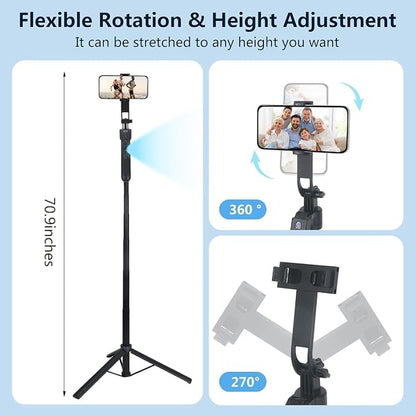 Auto Face Tracking Tripod for iPhone & Android, 360° Rotating Phone Tripod with 2 LED Fill Lights, Extendable 70″ Selfie Stick for Video Recording, Live Streaming, Ideal for Content Creators
