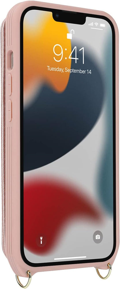 Lipvina for iPhone 13 Pro Max/iPhone 12 Pro Max Case with Card Holder for Women,Crossbody Strap Lanyard,Credit Card Holder,Ring Stand,Snap Clasp,Wallet Case 6.7 inch (Rose Gold)
