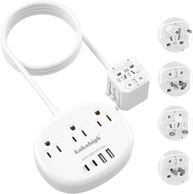 European Travel Plug Adapter, Multi Country Plug Adapter 3FT | Universal Travel Adapter with 3 USA Outlets and 4 USB Ports, Type A/C/G/I Plug Adapter for US to Most of Country
