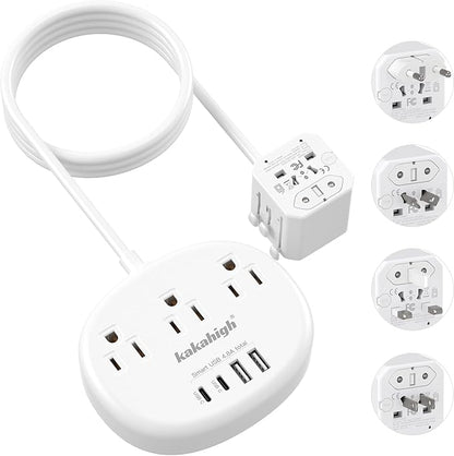 European Travel Plug Adapter, Multi Country Plug Adapter 3FT | Universal Travel Adapter with 3 USA Outlets and 4 USB Ports, Type A/C/G/I Plug Adapter for US to Most of Country