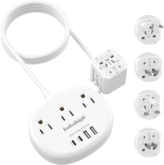 European Travel Plug Adapter, Multi Country Plug Adapter 3FT | Universal Travel Adapter with 3 USA Outlets and 4 USB Ports, Type A/C/G/I Plug Adapter for US to Most of Country
