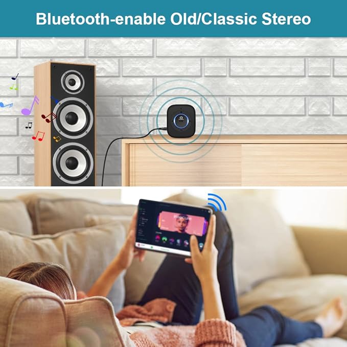Golvery Bluetooth Receiver for Old Speaker with Latest Bluetooth V5.4, 20-Hour Battery Life, Handsfree Calls, Dual Connection to 2 Cell Phones, Built-in Microphone, for Wired Headphones, Home Stereo