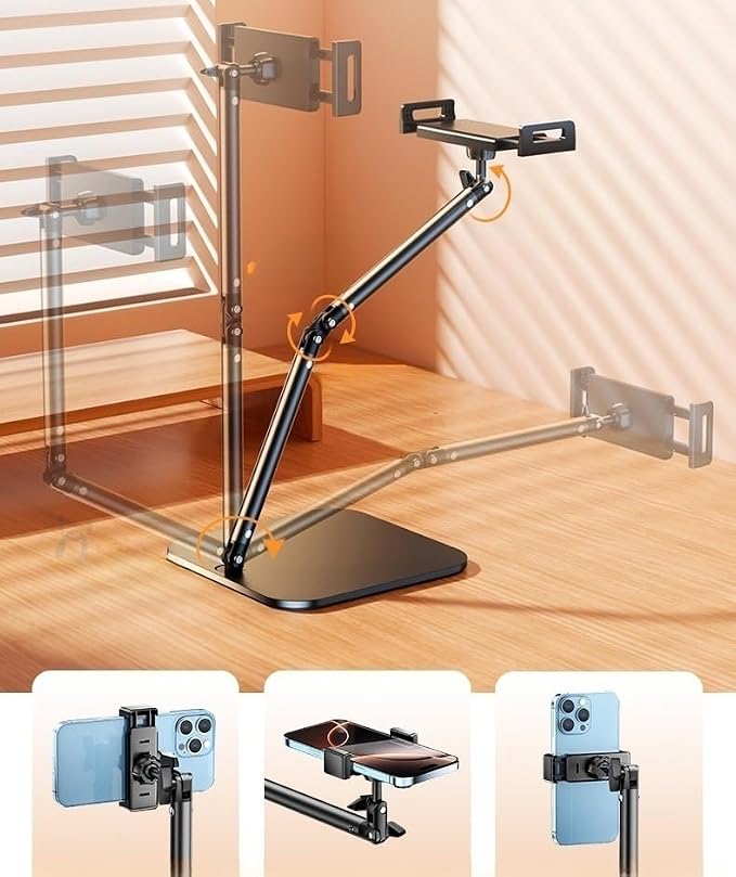 Adjustable Overhead Phone Stand for Desk, Black Metal Articulating Arm Mount, Desktop Video Recording Tripod, Live Streaming Photography Holder