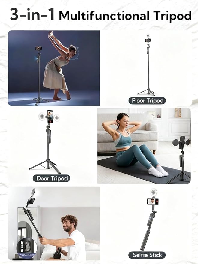 Black Tripod for iPhone with Light, Ring Light Holder for iPhone, Adjustable Selfie Stick Stand with Fill Light, Extendable Phone Tripod for Video Recording, Live Streaming, and Photography