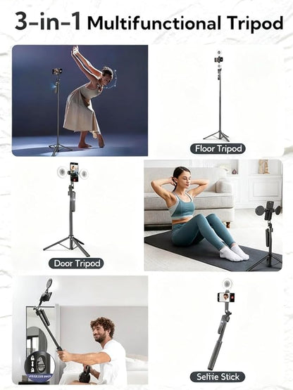 Black Tripod for iPhone with Light, Ring Light Holder for iPhone, Adjustable Selfie Stick Stand with Fill Light, Extendable Phone Tripod for Video Recording, Live Streaming, and Photography