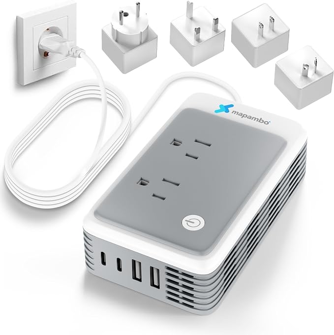 Global Voltage Converter US to Europe for Curling Iron and Hair Straighteners, Power Converter for European Travel Plug Adapter with 2 USB A & 2 USB C Ports, Compatible with 200+ Countries
