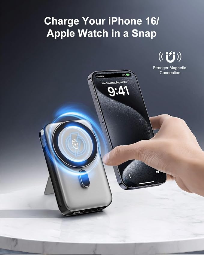 Magnetic Wireless Portable Charger for iPhone, 17000mAh 35W Wireless Power Bank with Wall Plug Built-in Cables, 6-in-1 Battery Pack with Stand, LCD Display for iPhone 16/15/14,Apple Watch
