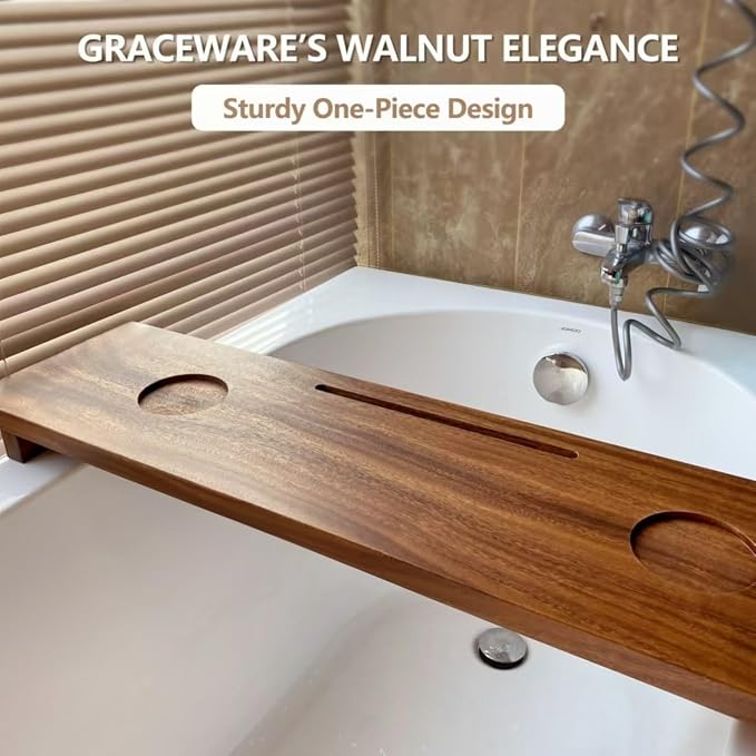 Walnut Bathtub Tray (35"x9"x2.5"), Luxury Bath Tray for Tub | Anti-Tip Adjustable Bathtub Trays for House Warming Gifts