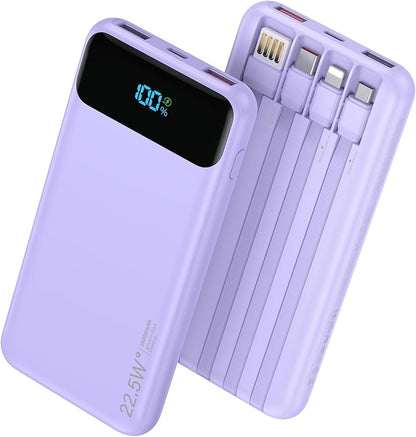 Portable Charger, 10000mAh 22.5W Fast Charging Power Bank with 4 Built-in Cables, Travel Essentials Battery Pack with LED Display, 6 Outputs Charging Bank Compatible with iPhone, iPad, Samsung Purple