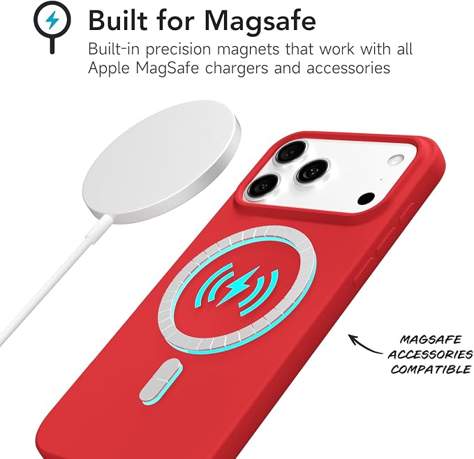 for iPhone 17 Pro Case Silicone Compatible with Magsafe Case, Ultra Slim Thin Magnetic Phone Cases Mag Safe, Cute Soft Rubber Gel TPU Matte Plain Wireless Charging Cover for Women, Red