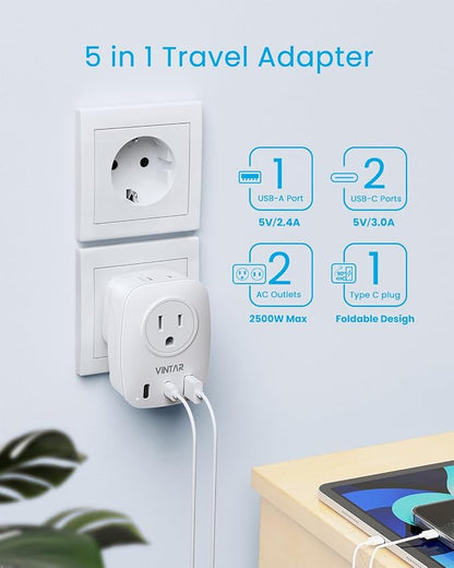 2 Pack European Travel Plug Adapter, VINTAR Foldable International Power Plug with 2 AC Outlets 3 USB Ports(2 USB C), Type C Travel Essentials Charger for US to Most of Europe EU Italy Spain France