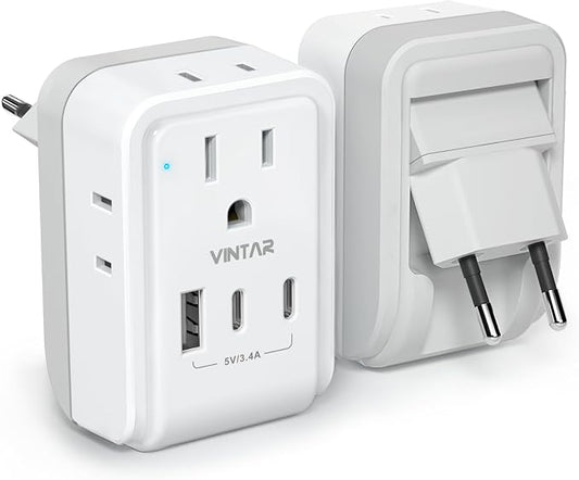 1 Pack European Travel Plug Adapter, VINTAR Foldable International Power Adapter with 4 AC Outlets 3 USB Ports(2 USB C), Type C Adaptor Charger for US to Most of Europe EU Italy Spain France Iceland