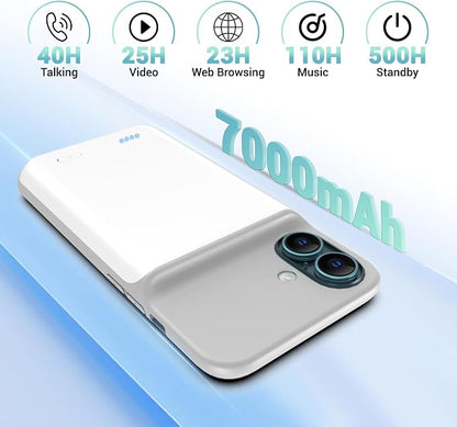 Battery Case for iPhone 16 Plus(6.7inch), Ultra-Slim 7000mAh Portable Extended Charging Charger Case [2026 Upgraded] Rechargeable Battery Back with Tempered Glass Screen Protector, White