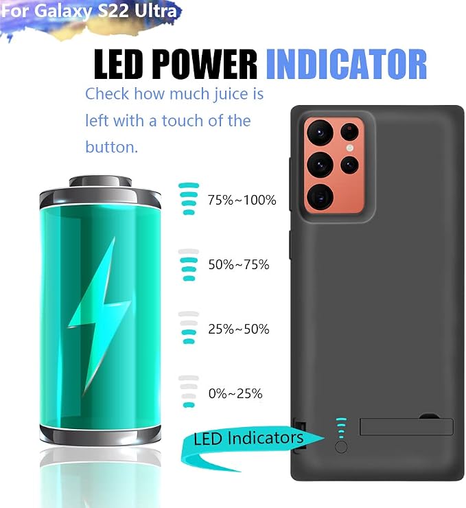 Battery Case for Samsung Galaxy S22 Ultra, 5000mAh Rechargeable Extended Battery Charging Charger Case, Add 100% Extra Juice, Not for S22 or S22+ (6.8 inch) Black