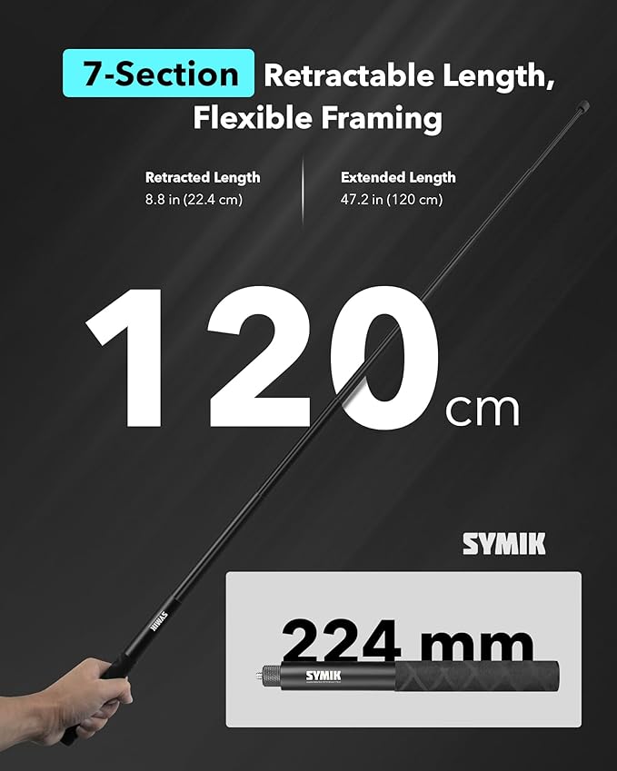 SYMIK Invisible Selfie Stick for Insta360 (120cm/47.2in), Aluminum Alloy Extension Stick Portable Extendable Monopod Pole with 1/4'' Screw and Wrist Strap for Insta 360 X5 X4 Air X3 ONE X2 Osmo 360