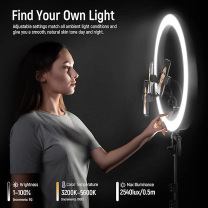 NEEWER Ring Light RP19H 19 Inch with Tripod Stand 3 Phone Holders Compatible with iPhone, Upgraded 2.4G Touch Control Ringlight for Video Recording Streaming Home Office Zoom Selfie Makeup Lighting