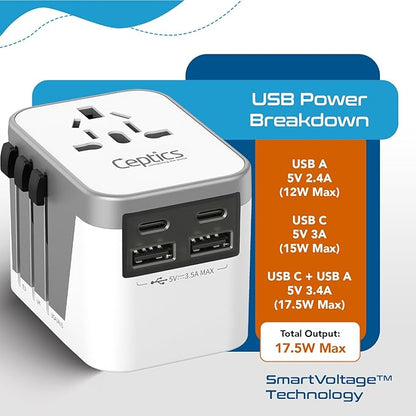 Ceptics Universal Travel Adapter for EU, UK, China, UAE, AU – International Power Adapter with Dual USB-C & USB-A – Ideal for Phone, Tablet & Smartwatch Chargers - Type A, C, G, I Plug Outputs | Universal Travel Adapter, Type A, C, G & I Plugs, Works i...