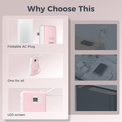 Portable Charger with Built in Cables,TESSAN 10000mAh Power Bank Fast Charging with Foldable Wall Plug Charger, PD20W Compact Battery Pack Travel Essentials for iPhone 17/16/15 Series,Samsung,Tablets