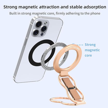 RESPECTED-BRO-Magnetic-Phone-Grip-Stand-with-Finger-Strap, 4-in-1 Magnetic Ring Holder, Kickstand and Elastic Strap for Phones, Universal Fit for iPhone 17/16/15/14/13/12, Android and Cases(Rose Gold)
