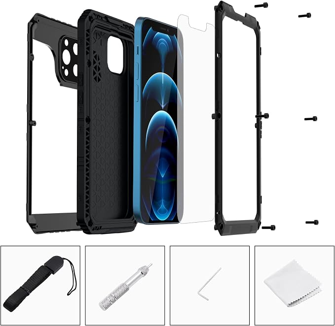 Mitywah Waterproof Case for iPhone 12 Pro, Heavy Duty Shockproof Case with Built-in Screen Protector, Full Body Underwater Protective Metal Case 6.1 inch, Black