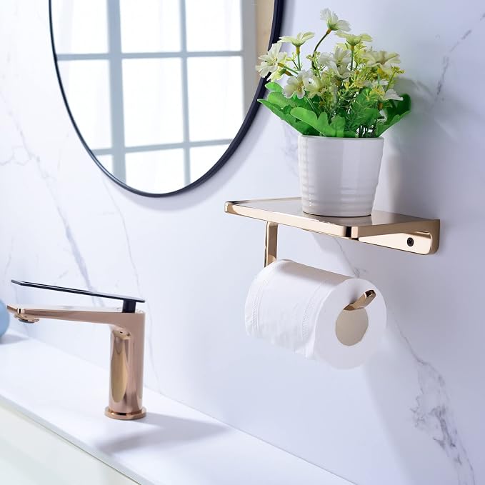 TRUSTMI Toilet Paper Holder with Phone Shelf, Bathroom Accessories Tissue Roll Dispenser Storage Wall Mounted, Plated Rose Gold