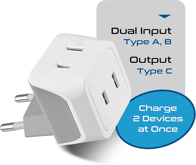 Ceptics European Travel Plug Adapter Europe Power Adaptor Charger Dual Input - Ultra Compact - Light Weight - USA to any Type C Countries such as Italy, Iceland, Austria and More (CT-9C), white | USA to Type C adapter, Lightweight Design, European Plug...