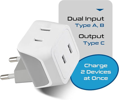 Ceptics European Travel Plug Adapter Europe Power Adaptor Charger Dual Input - Ultra Compact - Light Weight - USA to any Type C Countries such as Italy, Iceland, Austria and More (CT-9C), white | USA to Type C adapter, Lightweight Design, European Plug...