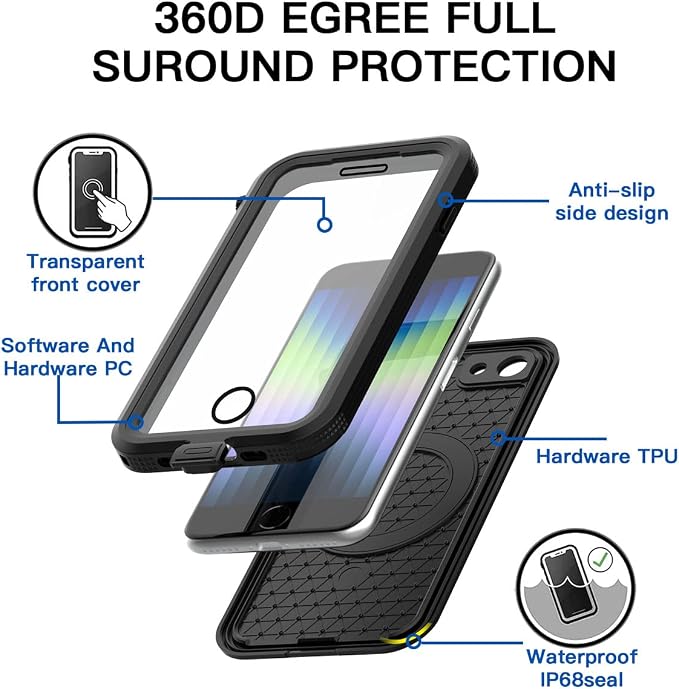 AICase iPhone SE 2020/2022/iPhone 7/8 Waterproof Case, 4.7" 360 Dustproof and Shockproof, IP68 Full Body Protection Fully Sealed Underwater Protective Cove for iPhone 7/8/SE 2020/SE 2022 Black