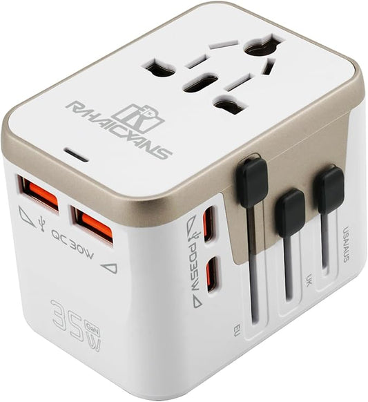 Universal Travel Adapter with 4 Ports (2 USB-C & 2 USB-A) Fast Charging 35W Worldwide All-in-One Power Adapter for USA, Europe, UK, Australia & 150+ Countries